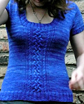 knitted short sleeve pullover cabled sweater, Malabrigo Silky Merino Yarn, color 415 matisse blue