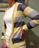 Cardigan open front striped sweater pattern hand knit with Malabrigo Silkpaca colors polar morn, pearl ten and pollen