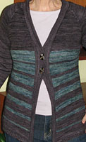 Navona Cardigan Sweater knit with Malabrigo Merino Sock Yarn color aguas & eggplant