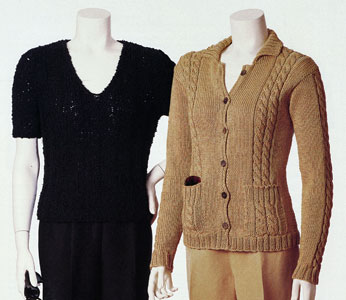 Adriana Ribbed V-Neck Pullover & Jula Cabled Panel Cardiganknitting patterns; Vittadini Spring 1997 vol 8