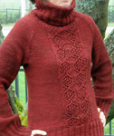 handknit turtleneck cabled  pullover sweater; Malabrigo Worsted Yarn, color 41 burgundy