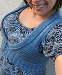 Shawl collar shrug,  tuxedo vest; Malabrgo Merino Worsted yarn, color stone blue #99